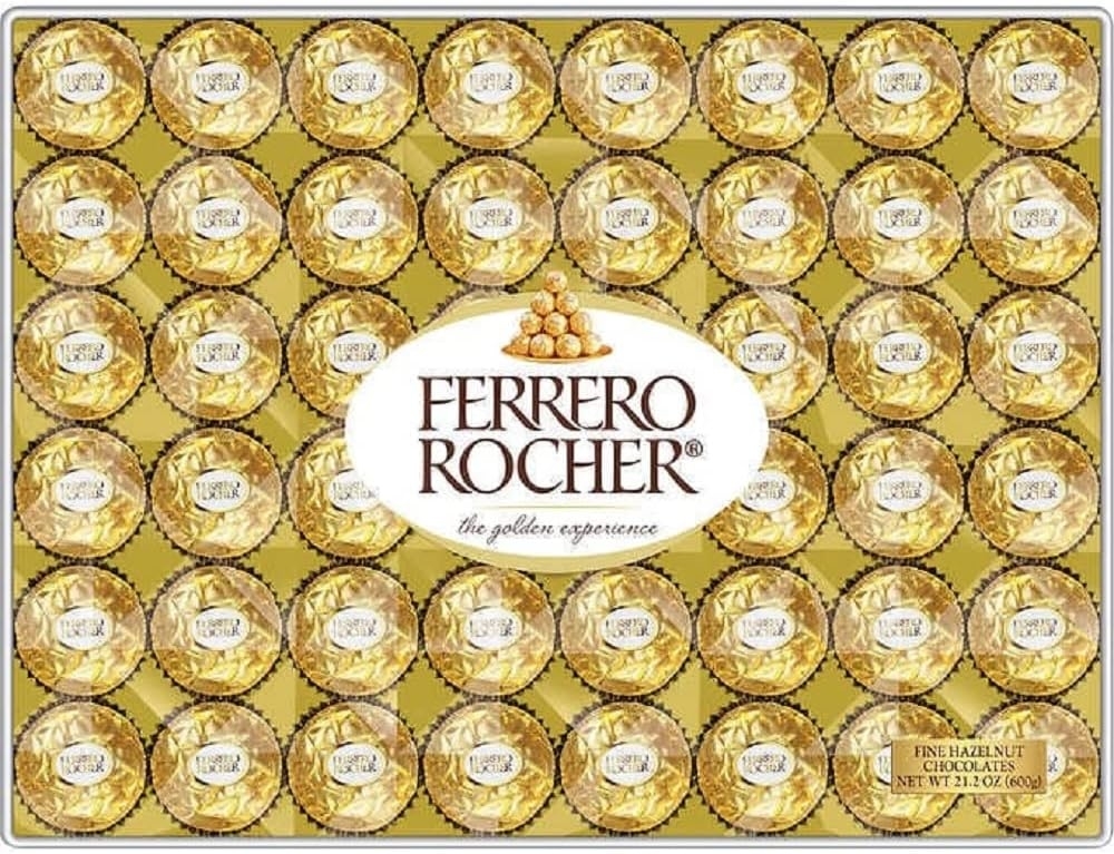 Box of Ferrero Rocher fine hazelnut chocolates, 21.2 oz (600g), arranged in a grid pattern