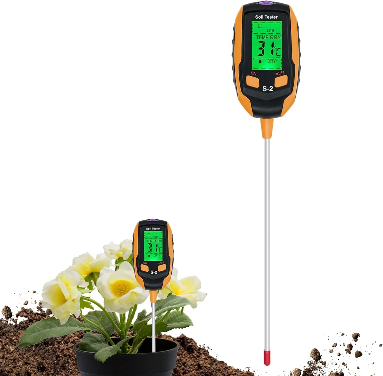 Digital soil tester measuring temperature and moisture, shown with a potted plant and soil