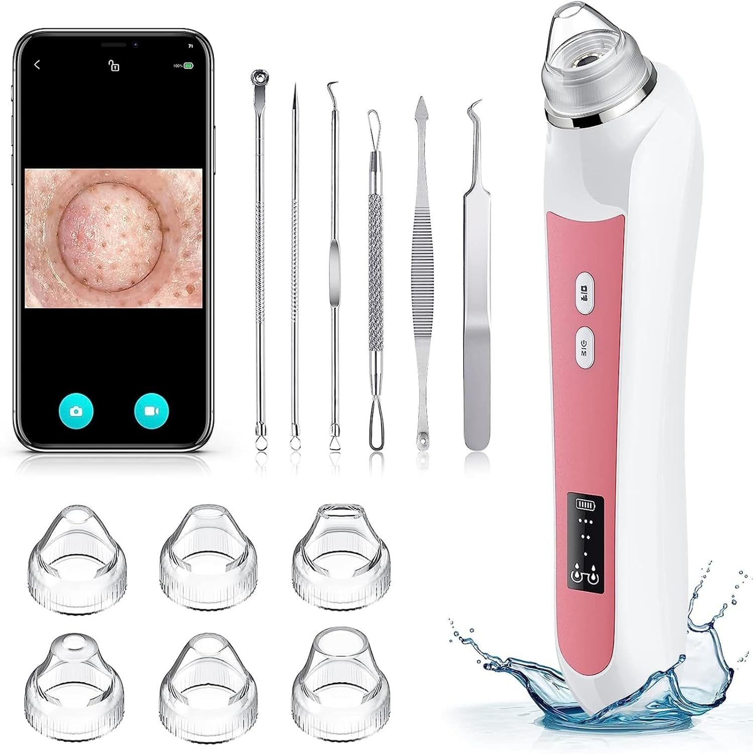 A blackhead remover kit with various skincare tools, suction tips, and a smartphone displaying skin analysis. Suitable for deep pore cleansing