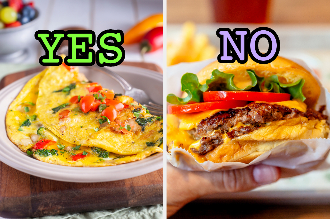 On the left, a veggie omelet labeled yes, and on the right, a cheeseburger labeled no