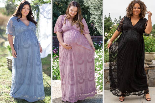 Three images of models wearing blue, pink, and black dresses