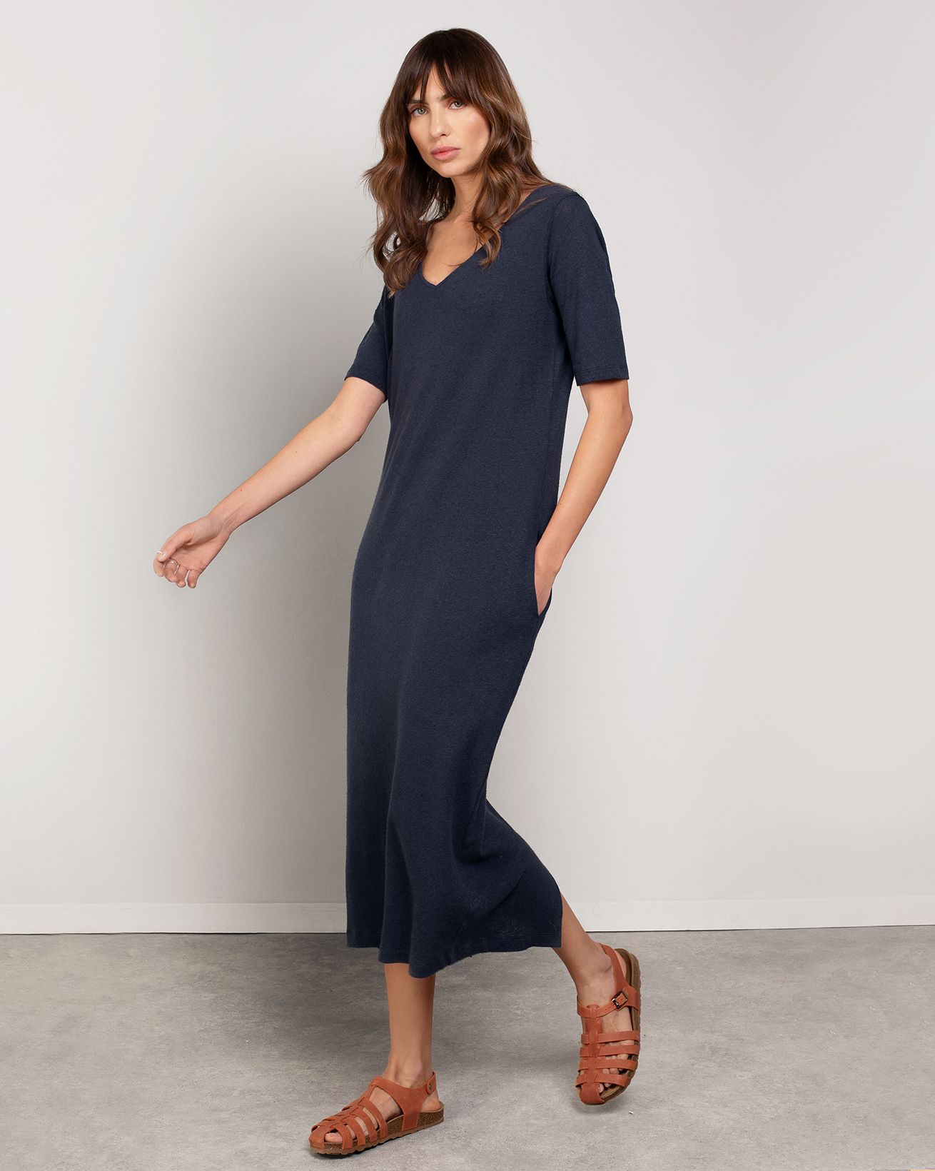 Linen Blend V Neck Midi Dress