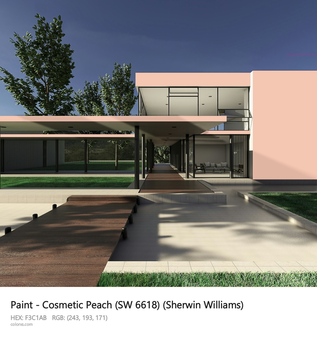 Sherwin Williams Cosmetic Peach (SW 6618) Paint exterior design modern house with walkway