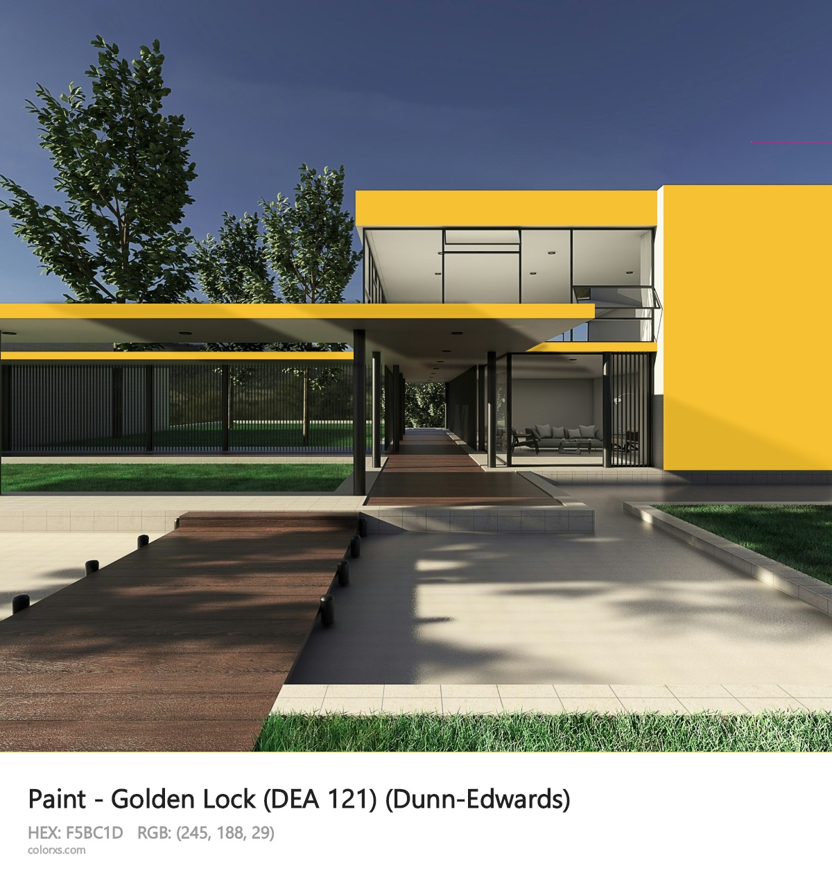 Dunn-Edwards Golden Lock (DEA 121) Paint exterior design modern house with walkway