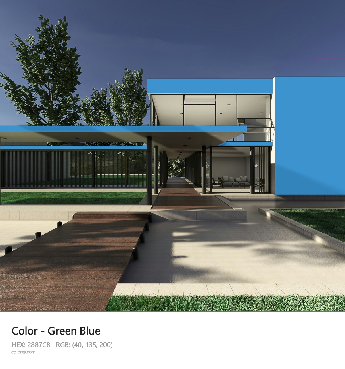 Green Blue Color exterior design modern house with walkway