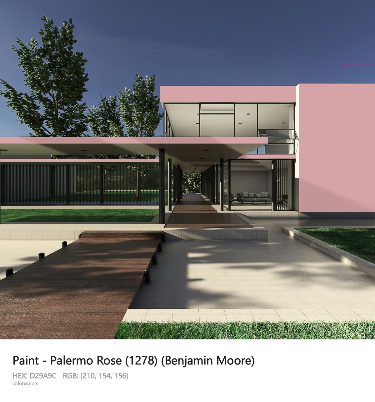 Benjamin Moore Palermo Rose (1278) Paint exterior design modern house with walkway