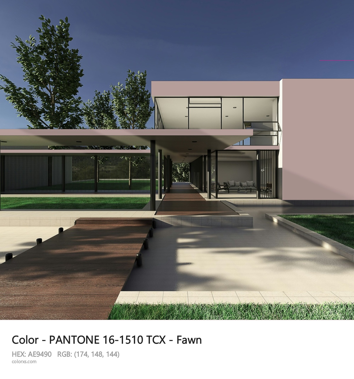 PANTONE 16-1510 TCX - Fawn CMS exterior design modern house with walkway