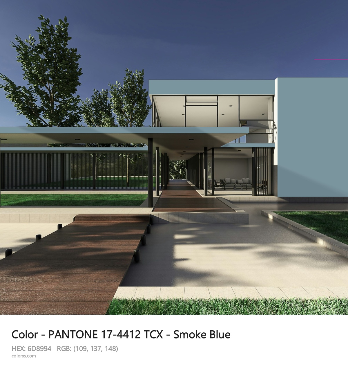 PANTONE 17-4412 TCX - Smoke Blue CMS exterior design modern house with walkway