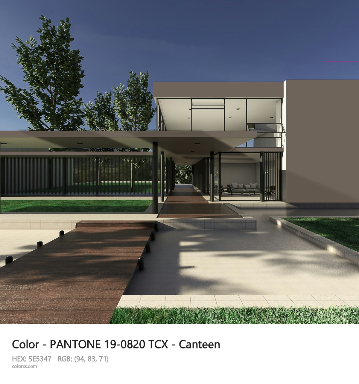 PANTONE 19-0820 TCX - Canteen CMS exterior design modern house with walkway