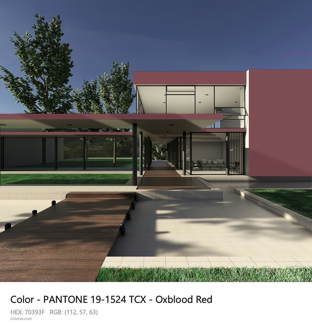 PANTONE 19-1524 TCX - Oxblood Red CMS exterior design modern house with walkway