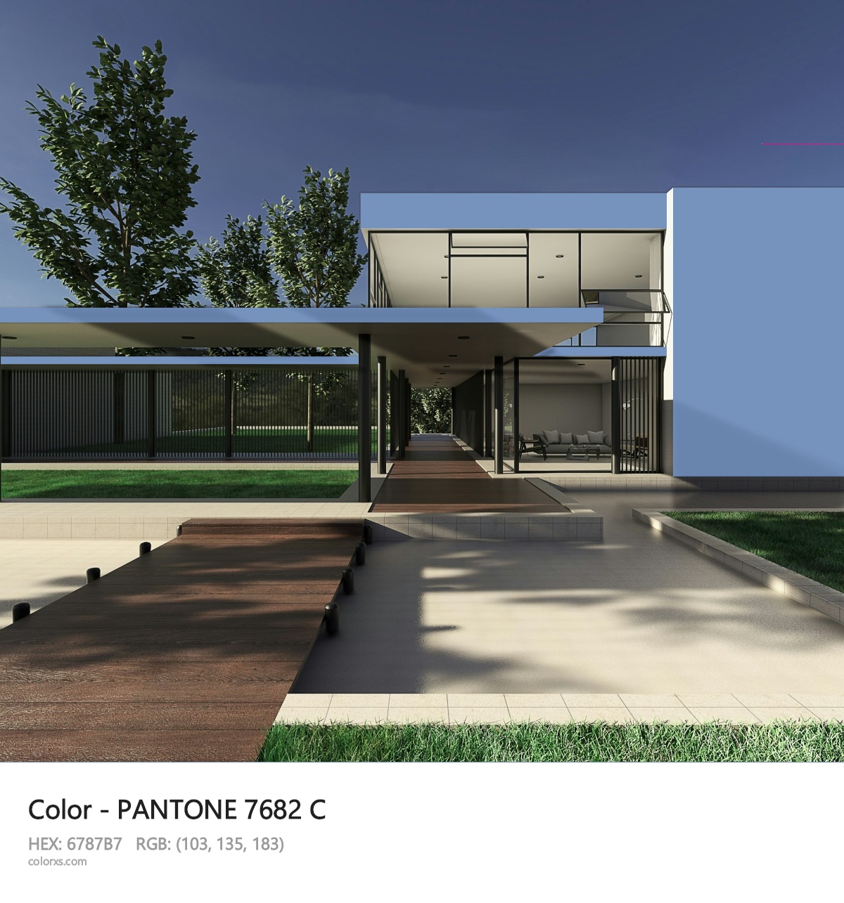 PANTONE 7682 C CMS exterior design modern house with walkway