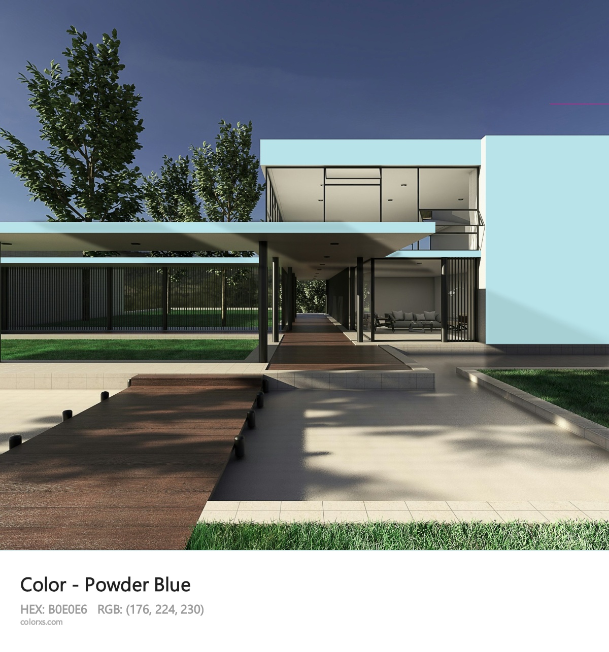 Powder Blue Color exterior design modern house with walkway