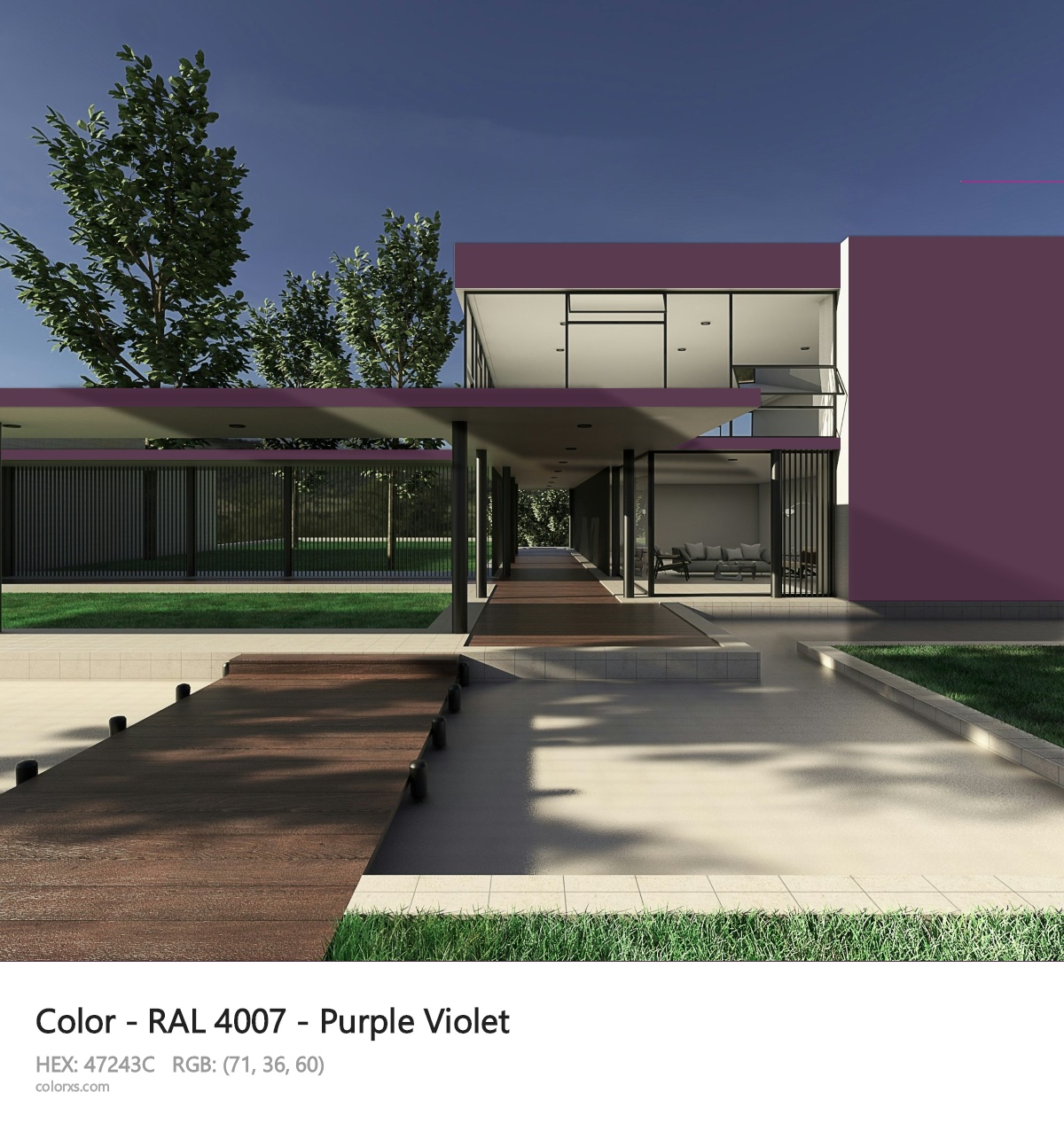 RAL 4007 - Purple Violet CMS exterior design modern house with walkway