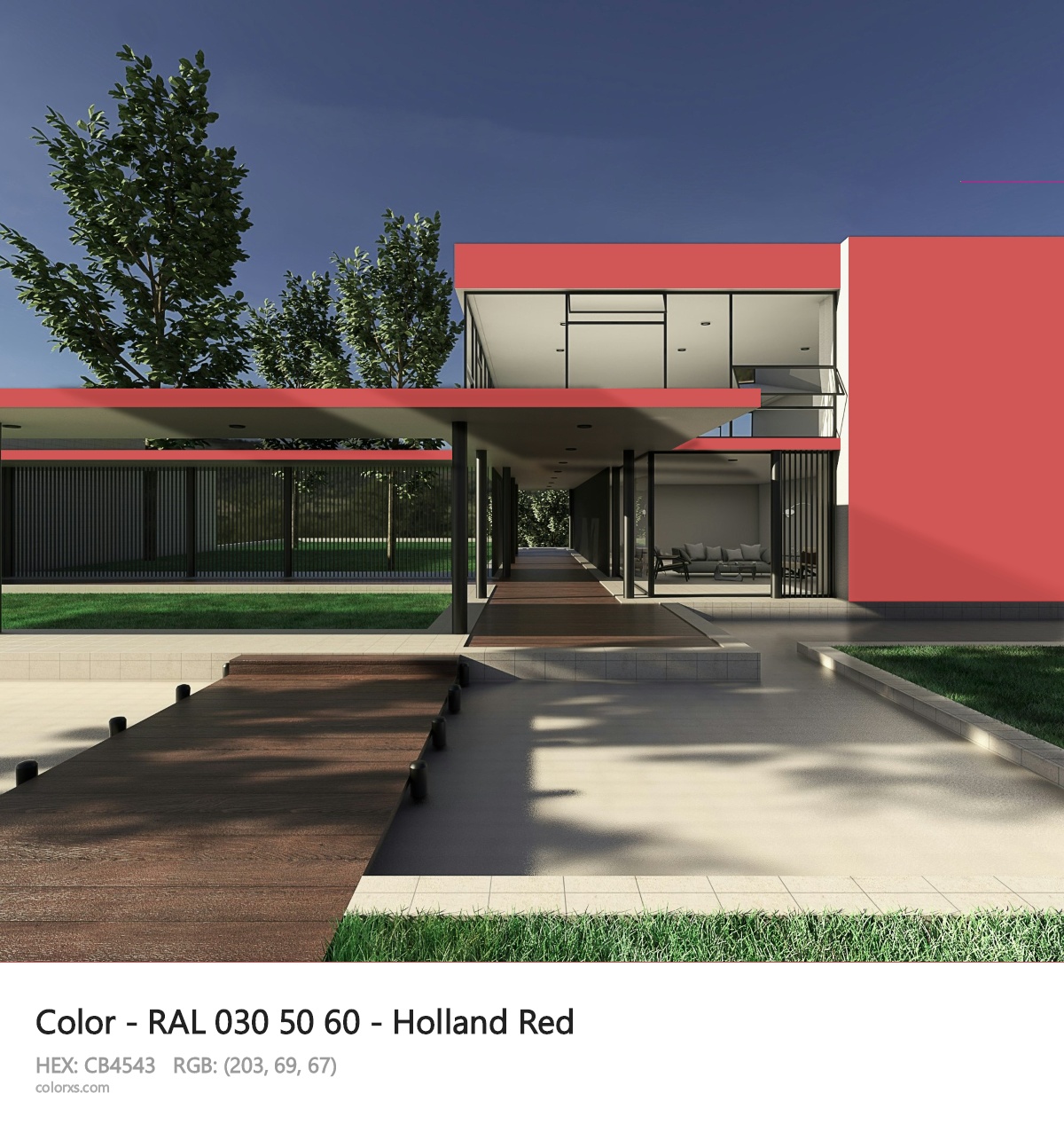 RAL 030 50 60 - Holland Red CMS exterior design modern house with walkway