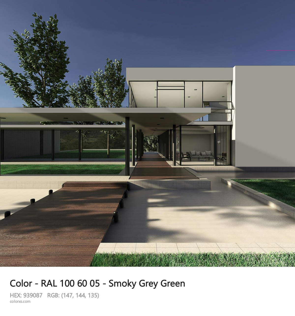 RAL 100 60 05 - Smoky Grey Green CMS exterior design modern house with walkway