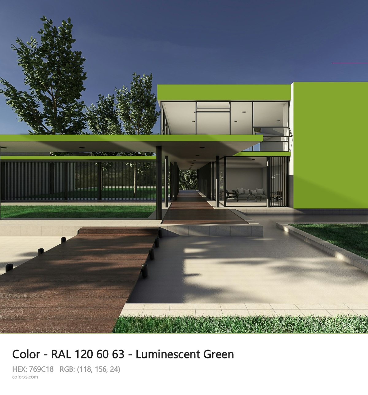 RAL 120 60 63 - Luminescent Green CMS exterior design modern house with walkway