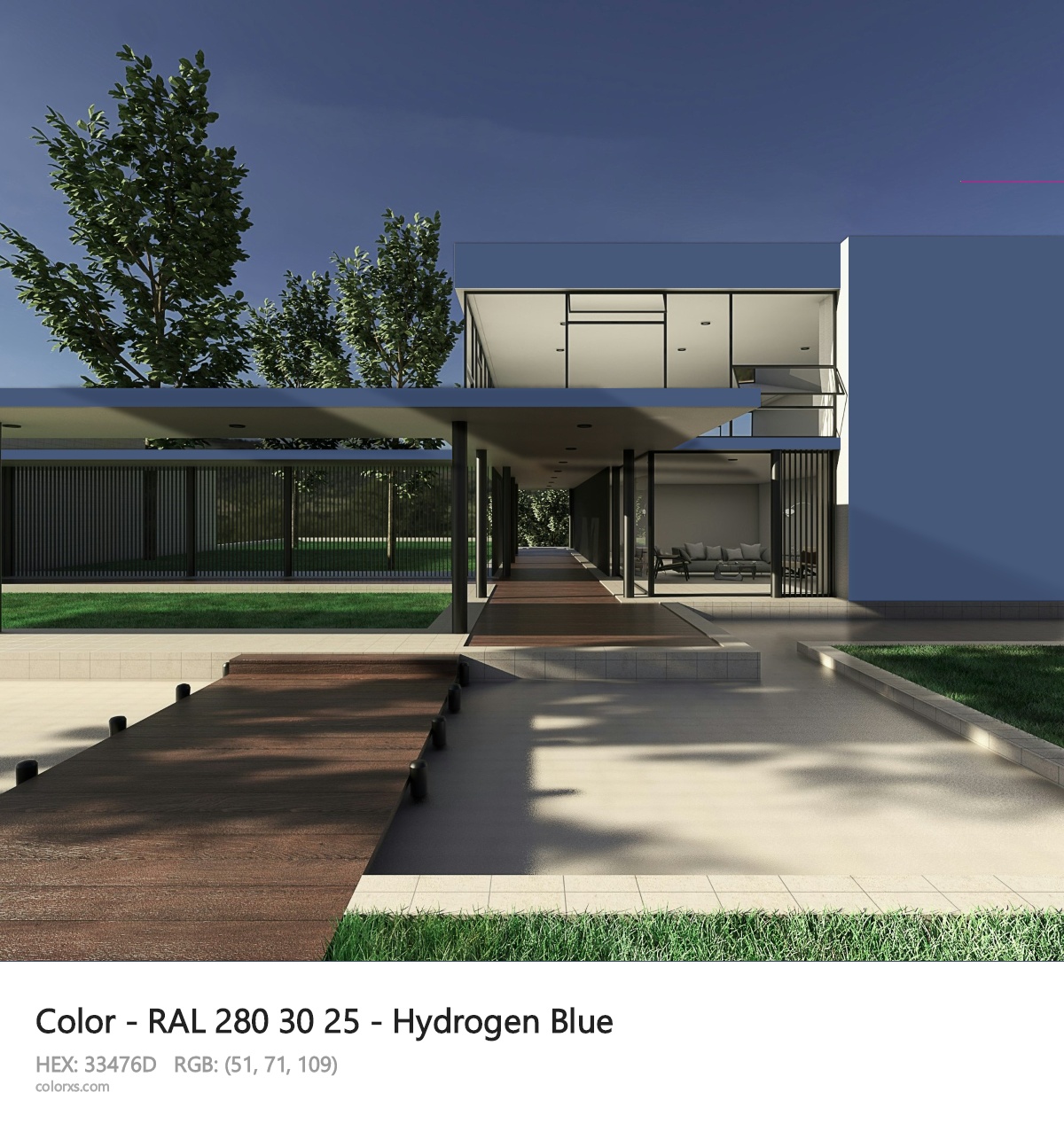 RAL 280 30 25 - Hydrogen Blue CMS exterior design modern house with walkway