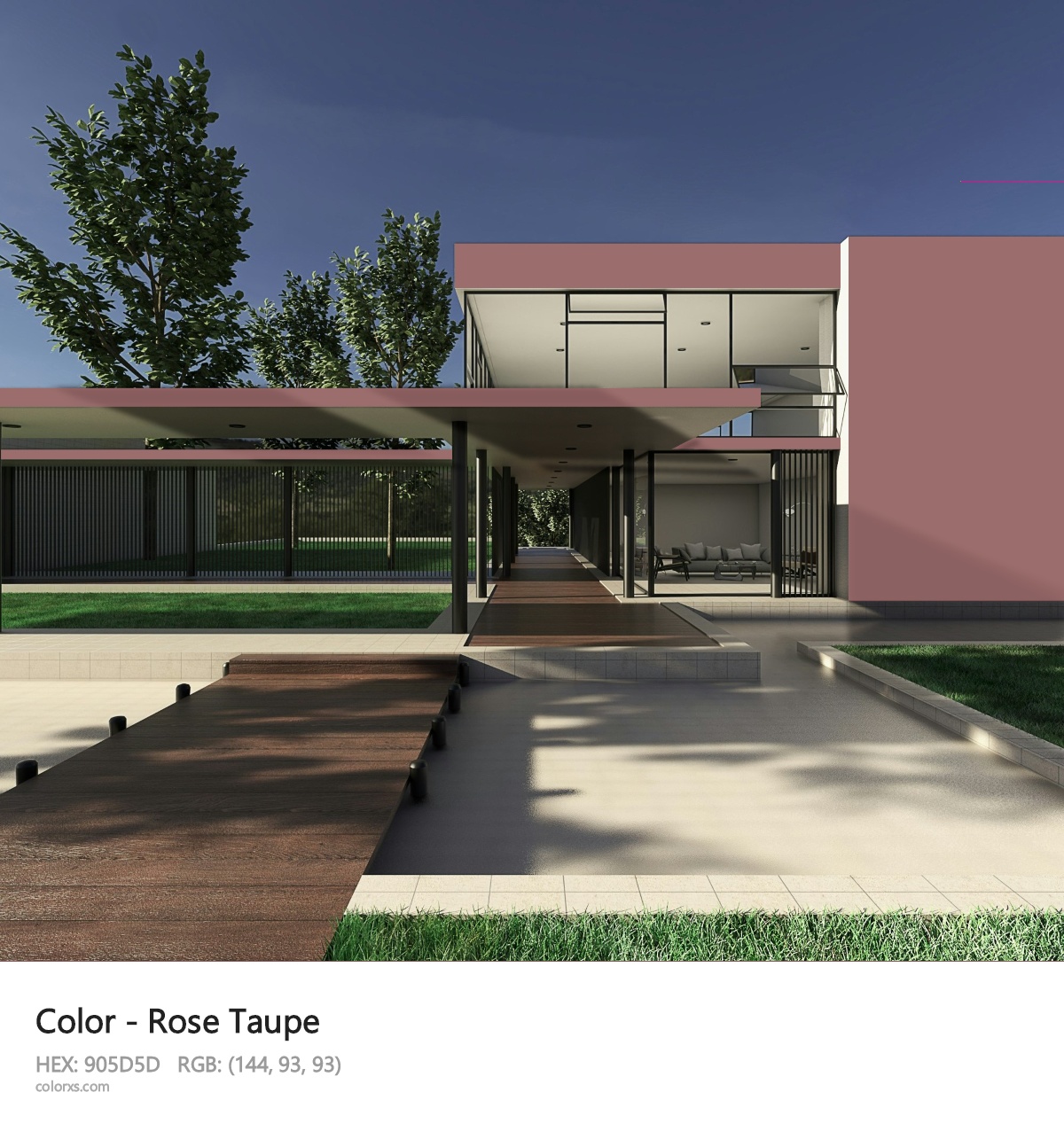 Rose Taupe Color exterior design modern house with walkway