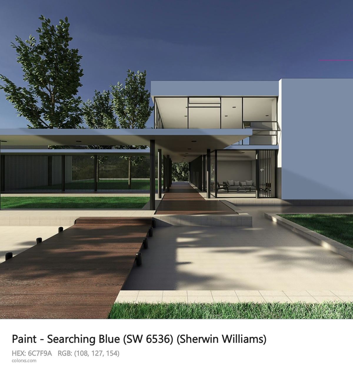 Sherwin Williams Searching Blue (SW 6536) Paint exterior design modern house with walkway