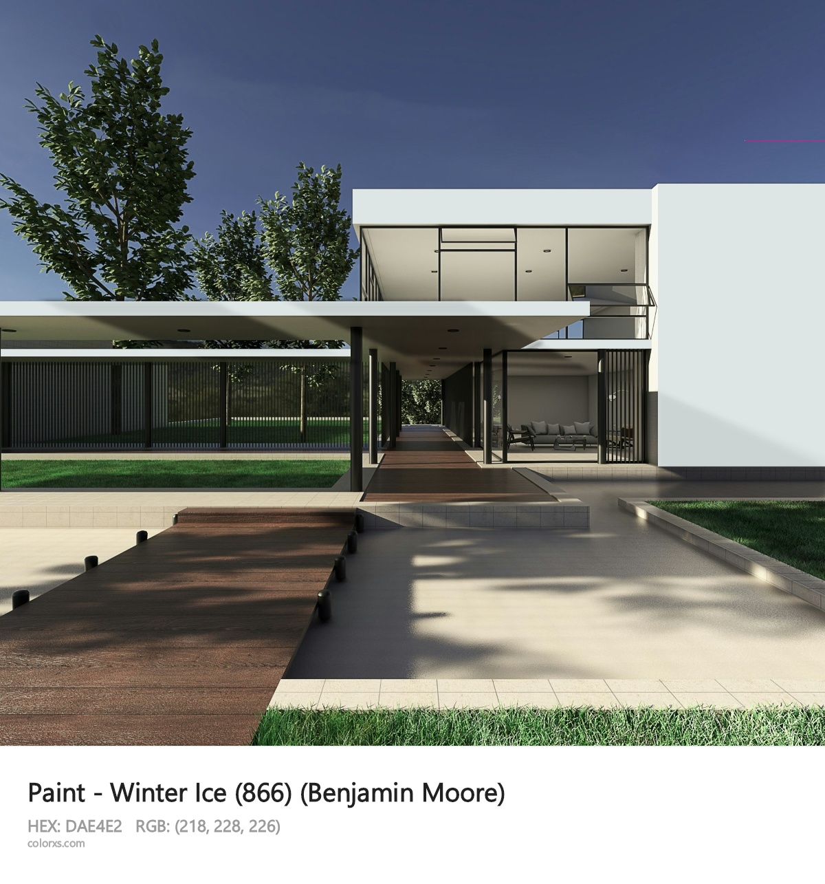 Benjamin Moore Winter Ice (866) Paint exterior design modern house with walkway