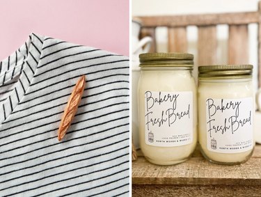 Side-by-side collage of a baguette bread brooch and bread-scented candles