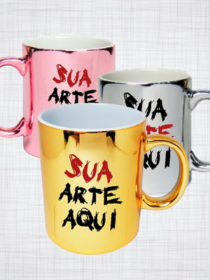 Caneca porcelana dourada prata rosa metalizada personalizada