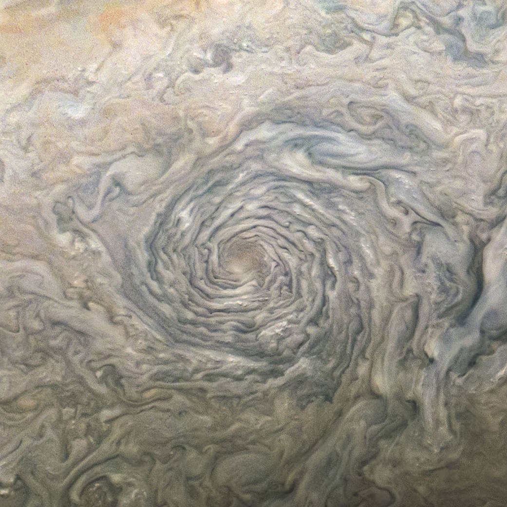 Jupiter's vortex captured by Junocam.  Taken during the 23rd close-up flight.  The width of the vortex is regarding 2000 km.  Photo = NASA/JPL-Caltech/SwRI/MSSS