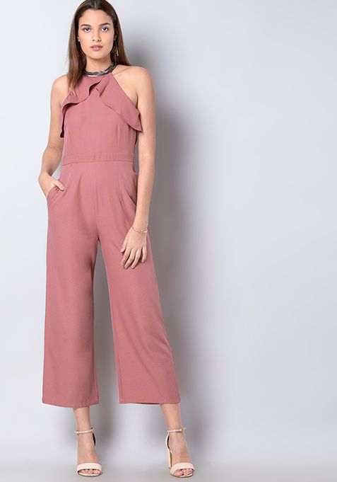 Pink Embellished Halter Jumpsuit