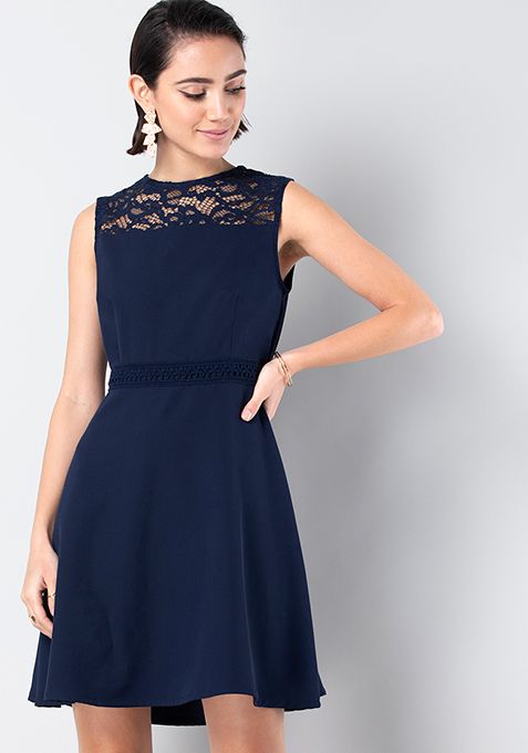 Navy Lace Waist Skater Dress 