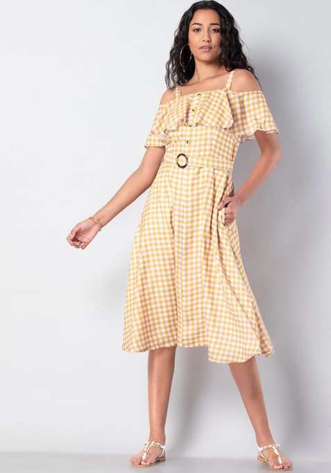 Mustard Gingham Cold Shoulder Midi Dress