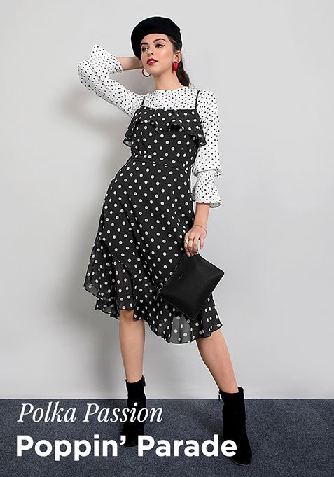 Black Polka Ruffled Strappy Midi Dress 