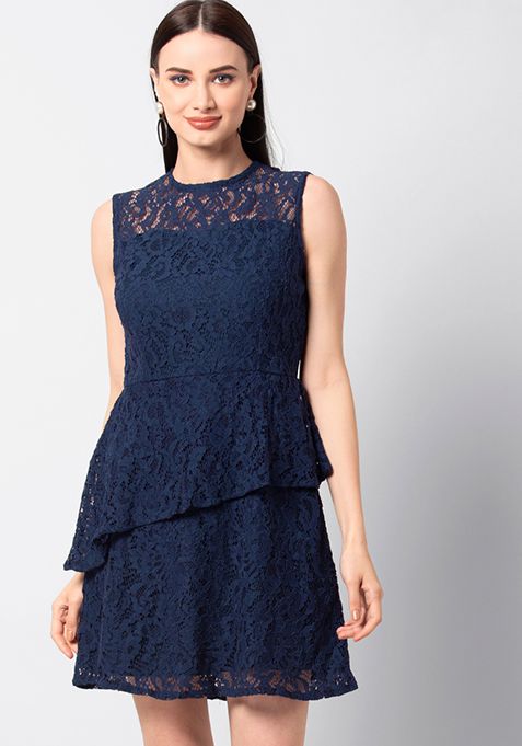 Navy Diagonal Tier Lace Skater Dress