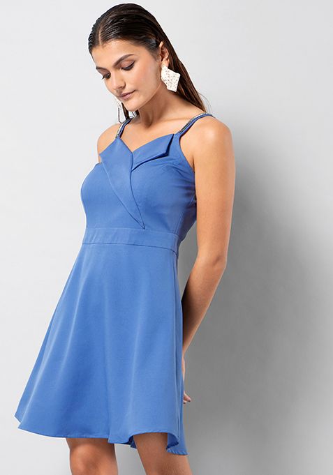 Blue Embellished Strappy Skater Dress 