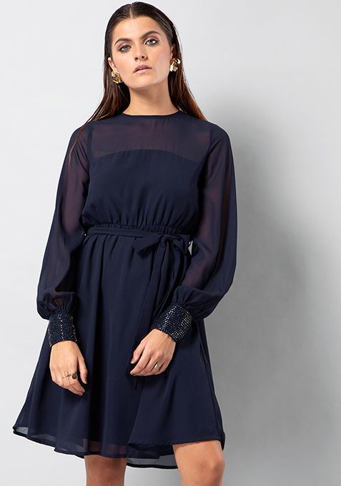 Navy Embellished Belted Shift Dress 