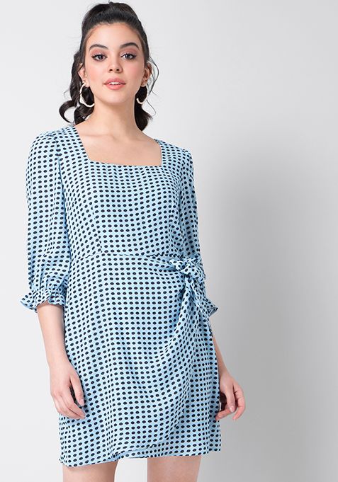 Blue Black Polka Wrap Dress 