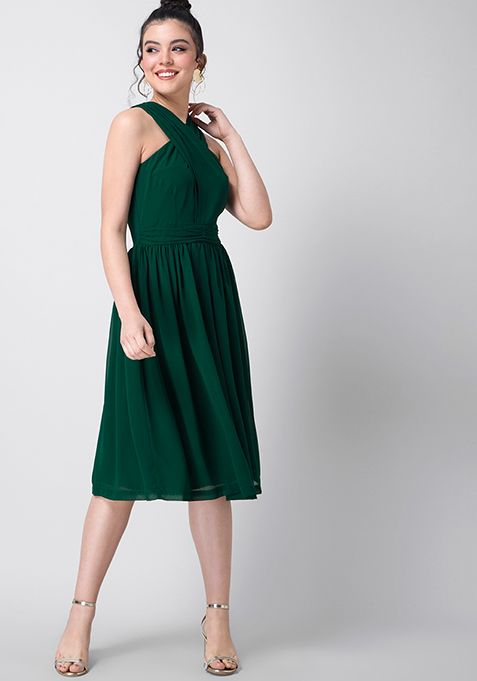 Green Cross Neck Skater Dress 