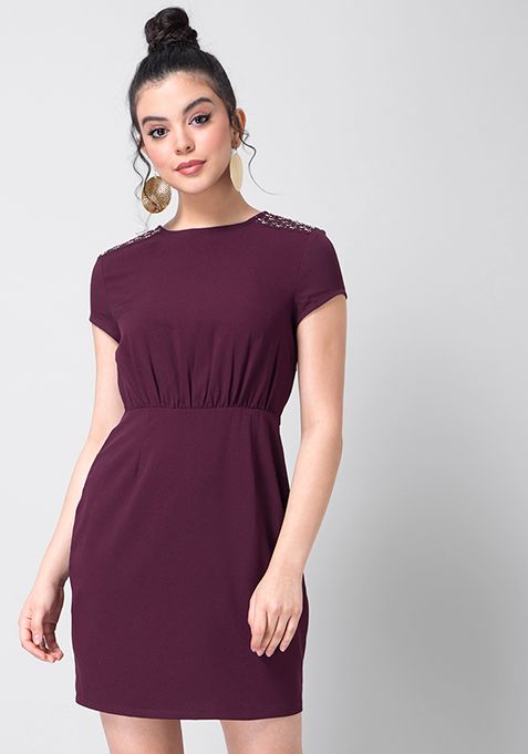 Wine Embellished Gathered Waist Dress 