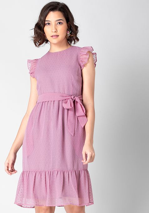 Lilac Ruffled Belted Midi Dress