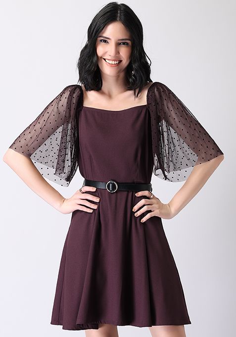 Wine Mesh Sleeve Skater Dress with Black Belt 