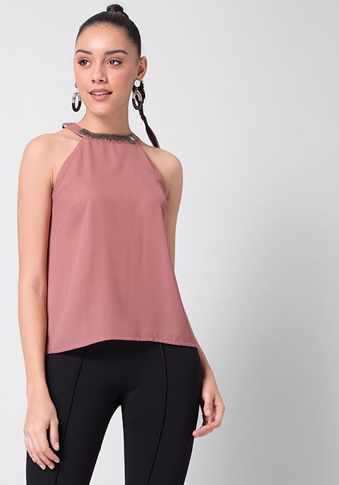 Dusty Pink Embellished Halter Top