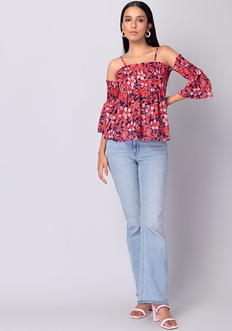 Red Floral Print Smocked Cold Shoulder Top