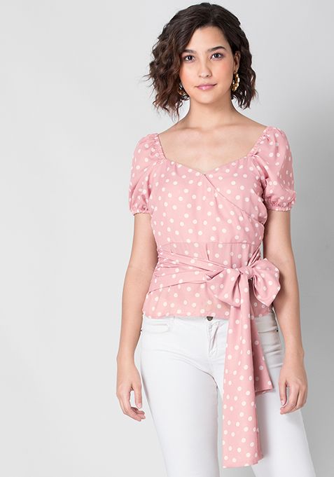 Pink Polka Belted Wrap Top