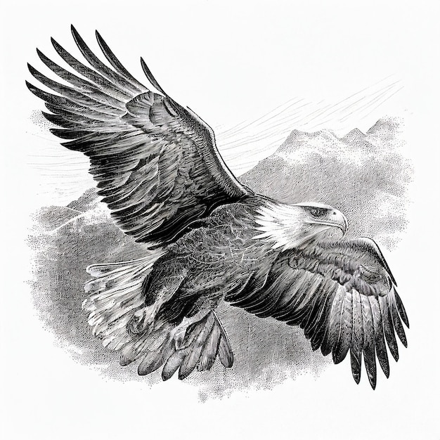 Águila volando sobre las montañas, ilustración en blanco y negro, estilo  grabado, para diseño, impresión, | Foto Premium