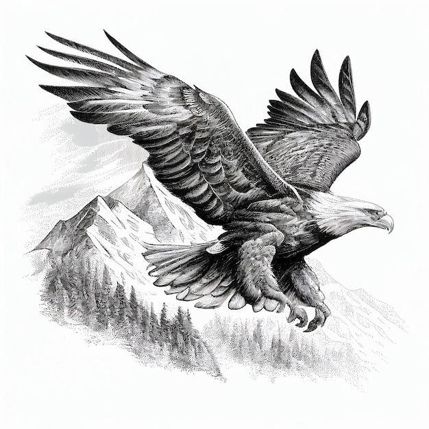 Águila volando sobre las montañas, ilustración en blanco y negro, estilo  grabado, para diseño, impresión, | Foto Premium