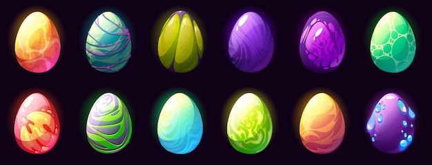 Colorful dragon eggs cartoon game assets magic or mythological\
creature fantastic dinosaur or reptile fabulous phoenix bird color\
eggs user interface elements with pimples spots and glow shell\
set