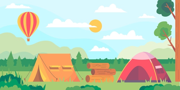 Free Vector | Flat design camping area landscape with tents and hot air ...