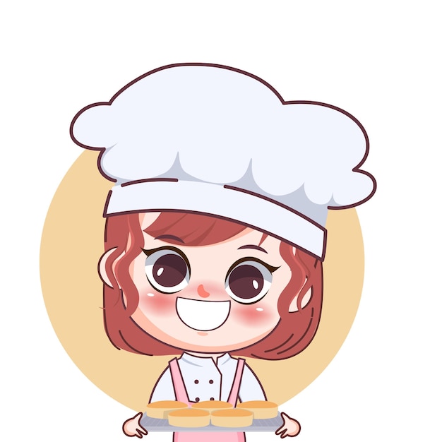 Free Vector | Happy cute girl chef baking Egg Cake cartoon art illustration