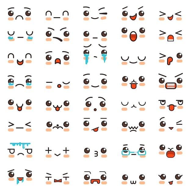 Premium Vector | Kawaii cute faces. manga style eyes and mouths. funny ...