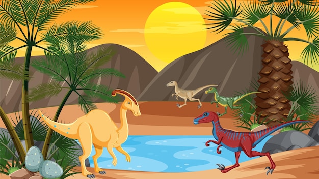 Scene with dinosaurs by the river