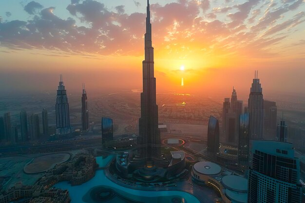 Le Soleil Se Couche Sur La Ville De Burj Khalifa Jetant Une Lueur ...